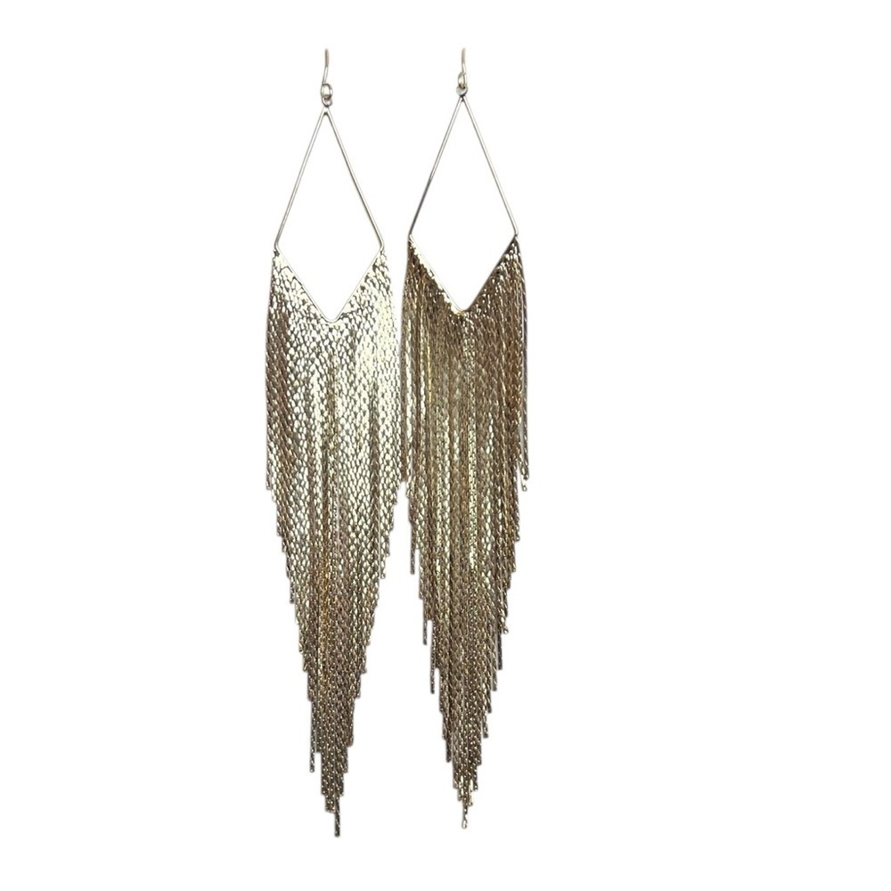 Long Gold Fringe Pierced Statement Earrings Glam Eclectic Party Formal Edgy